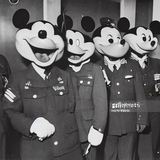 Image similar to Mickey Mouse WW2 photograph in a military meeting, Germans, dictator