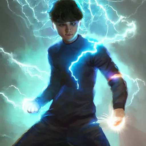 Prompt: a teen boy with glowing blue eyes sparkling with blue lightning in emotional turmoil. sparks. electricity. digital art. fantasy. matte painting sharp focus. action pose. dynamic poses. highly detailed. uhd. by repin. krenz cushart tianhua xu