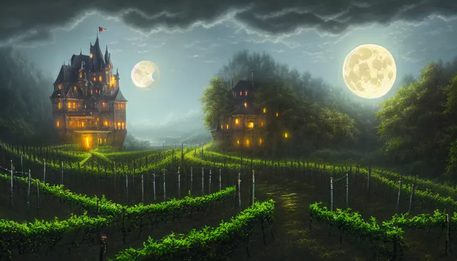 Prompt: a living castle, vines, forest, hyperrealistic, highly detailed, cinematic, single ray of moon, dark sky, beautiful, cgssociety, artstation, 8 k, oil painting