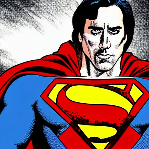 Prompt: Nicholas Cage as Superman comic book. Red cape. Detailed face Marvel comics art style. Halftone
