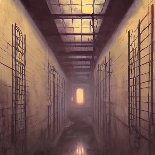 Prompt: dark prison cell with bars digital art, scary, unity, art by artgerm and greg rutkowski and alphonse mucha