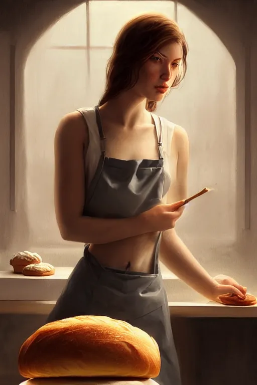 Image similar to portrait of a beautiful model in a bakery presenting a roll, dramatic lighting, highly detailed, digital painting, artstation, concept art, smooth, sharp focus, illustration, art by wlop, mars ravelo and greg rutkowski