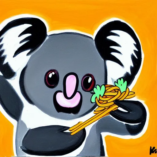 Image similar to a painting of a koala eating spaghetti in toon art style