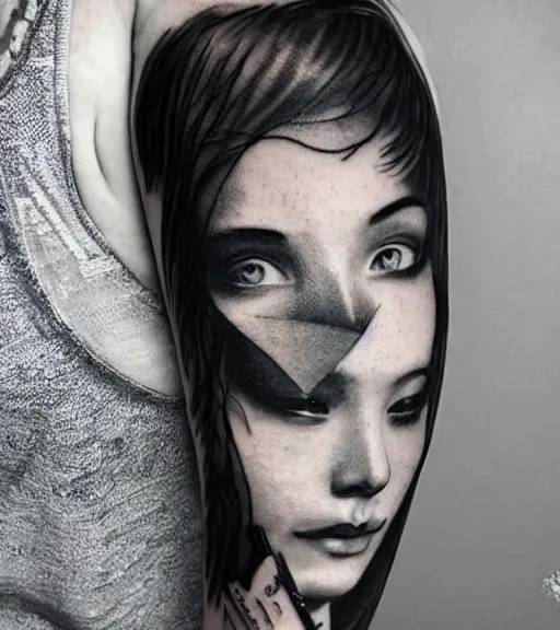 Image similar to a beautiful girl faded in a mountain scenery, realism tattoo, in the style of den yakovlev, black and white, hyper realistic, highly detailed