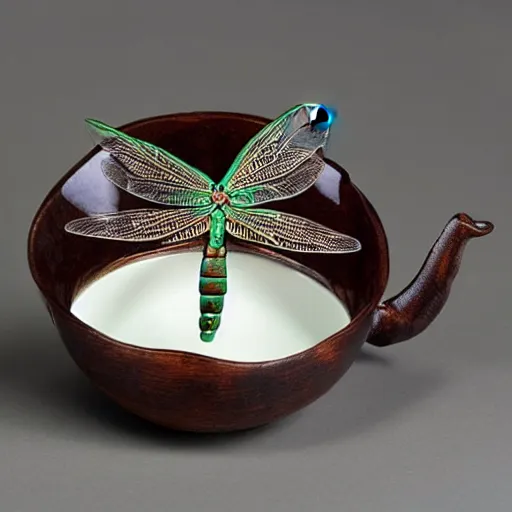 Prompt: Dragonfly-shaped bespoke tea-brewing vessel in the shape of a dragonfly, that looks like a dragonfly, that has the form of a dragonfly, dragonfly-shaped-n9