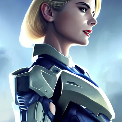 Prompt: A combination of Grace Kelly's and Ada Wong's and Ashley Greene's appearances with blonde hair wearing Forerunner armor from Halo, high tech, action shot, angular, full body portrait, futuristic, dramatic, fantasy, intricate, elegant, highly detailed, artstation, matte, sharp focus, 8K, art by Artgerm and Greg Rutkowski and Alphonse Mucha