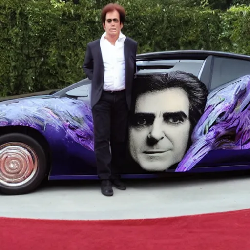 Prompt: david copperfield's face engraved on a car body