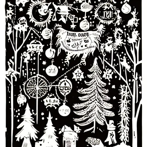 Image similar to the 1 2 days of christmas, extreme detail, wood cut print