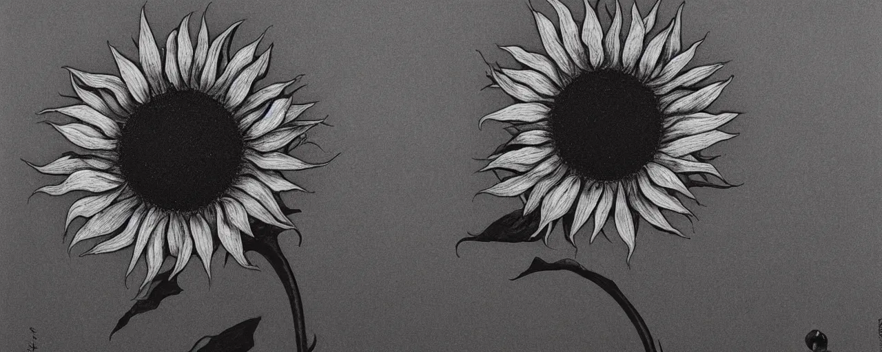 Prompt: a black and white sunflower, black minimalistic background, by Beksinski