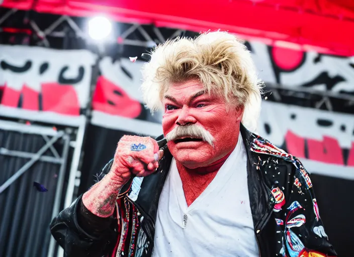 Image similar to photo still of rip taylor at vans warped tour!!!!!!!! at age 6 3 years old 6 3 years of age!!!!!!! on stage throwing confetti at a crowd, 8 k, 8 5 mm f 1. 8, studio lighting, rim light, right side key light