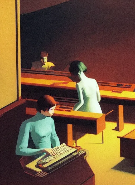 Image similar to woman and man sitting on a pile of computer keyboards, snowing night by Edward Hopper and James Gilleard, Zdzislaw Beksinski, Katsuhuro Otomo highly detailed