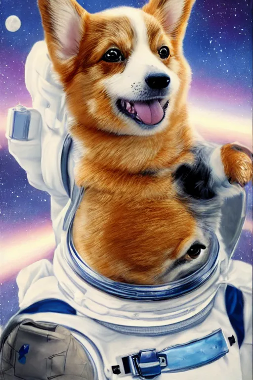 Image similar to corgi puppy as an astronaut, oil on canvas, intricate, portrait, 8 k highly professionally detailed, hdr, cgsociety