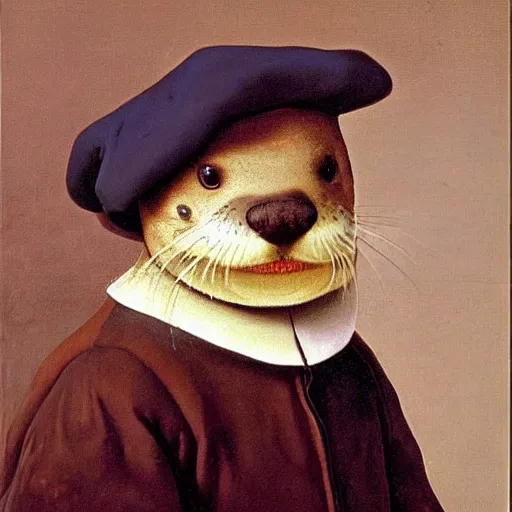 Image similar to oil painting of an anthropomorphic otter in military uniform, amazing detail, painted by johannes vermeer