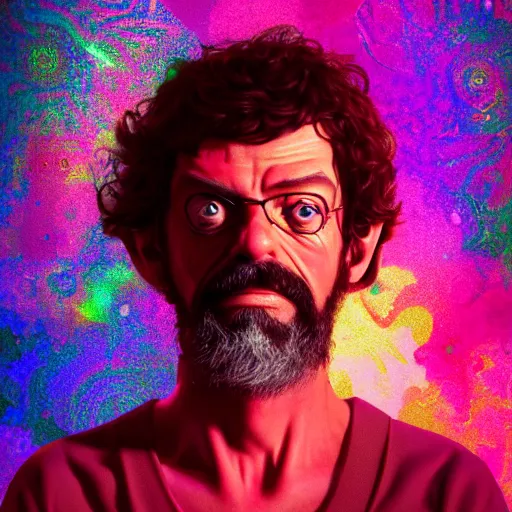 Image similar to terence McKenna posing seductively with psychedelic mushrooms, psychedelic, fractal, cinematic lighting, dramatic, octane render, full body, trending on artstation, perfect facial symmetry, bokeh, 8k, intricate, hyper detailed