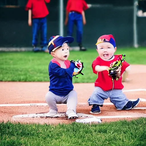 Prompt: Babies playing baseball