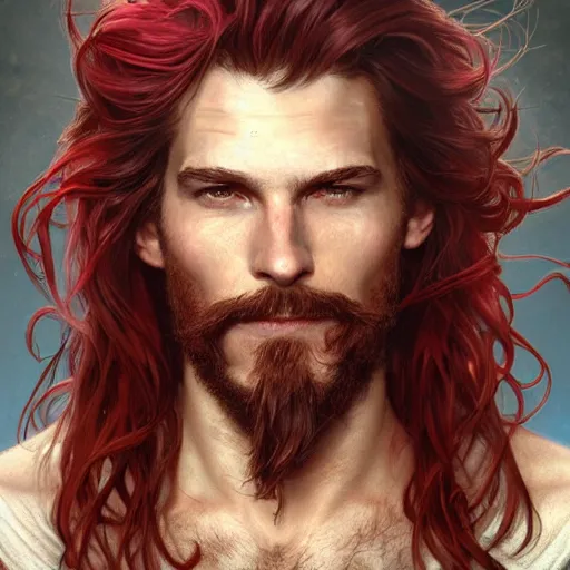 Image similar to portrait of a young ruggedly handsome but joyful pirate, male, masculine, upper body, crimson hair, long long flowing hair, fantasy, smug smirk, intricate, elegant, highly detailed, digital painting, artstation, concept art, matte, sharp focus, illustration, art by artgerm and greg rutkowski and alphonse mucha