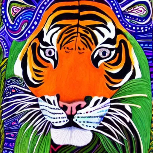 Image similar to an image of a tiger wearing a headdress, a detailed painting by Laurel Burch, pinterest contest winner, psychedelic art, detailed painting, made of beads and yarn, outlined art