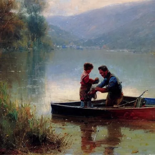 Image similar to painting of dad and son thinking together in boot on a calm lake, by pino daeni