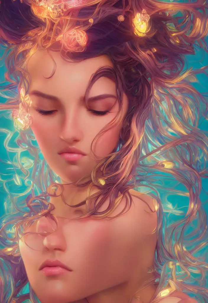 Image similar to beautiful, young woman, detailed gorgeous face, vaporwave aesthetic, synthwave, colorful, psychedelic, artstation, concept art, smooth, extremely sharp detail, finely tuned detail, ultra high definition, 8 k, unreal engine 5, ultra sharp focus, illustration, art by artgerm and greg rutkowski and alphonse mucha