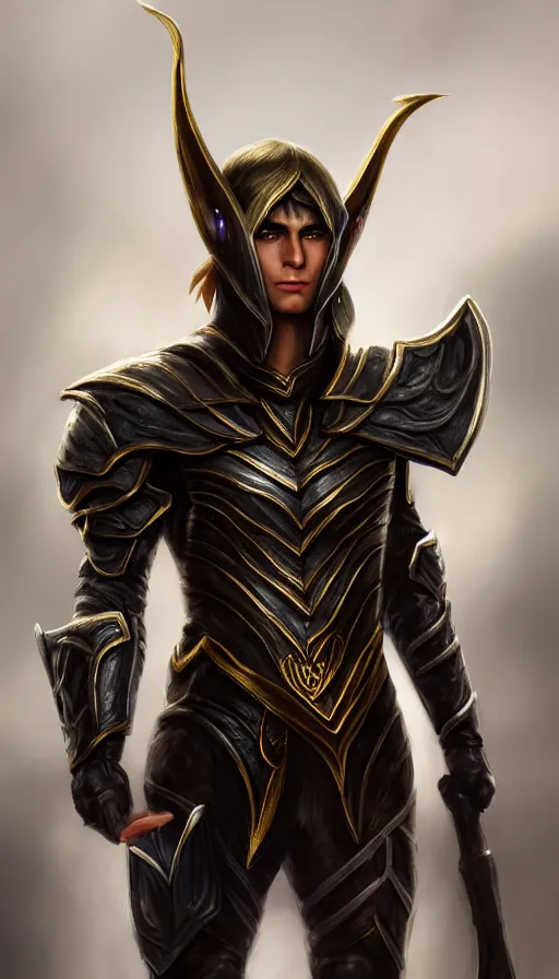 Prompt: A medium shot portrait of a male elf, he is about 20 years old, attractive, lean but muscular, serious composure, short silver hair, prideful look, he is wearing black heavy armor with gold plating, he is also wearing a red cape, highly detailed portrait, digital painting, ArtStation, concept art, smooth, sharp focus illustration