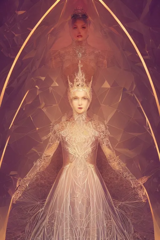 Image similar to beautiful detailed digital illustration, portrait of a beautiful female magician , wearing crystal fractal tiara, Symmetrical composition, fantasy long intricate gown, sharp focus, octane render, high quality, 8k, volumetric lighting, color grading, by By James Jean and WLOP and Victo Ngai