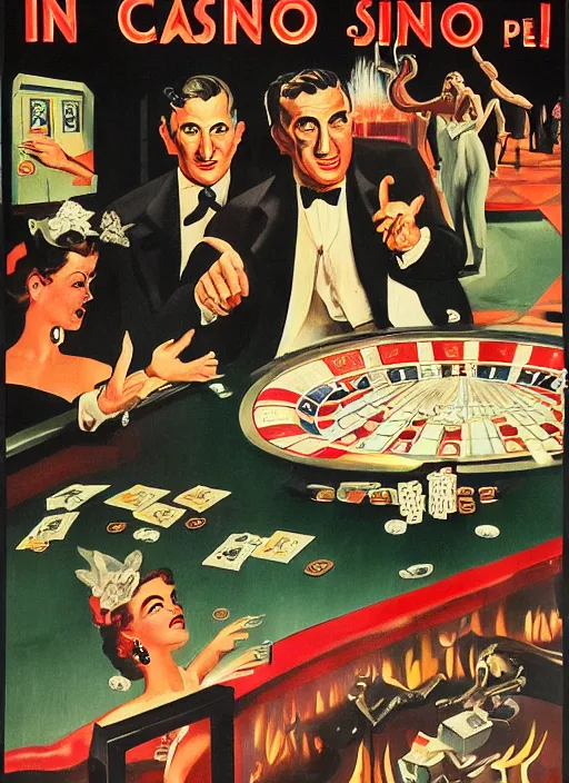 Image similar to casino in hell, devils and sinners play in the casino, advertising in the style of american art of the 1 9 5 0 s in color