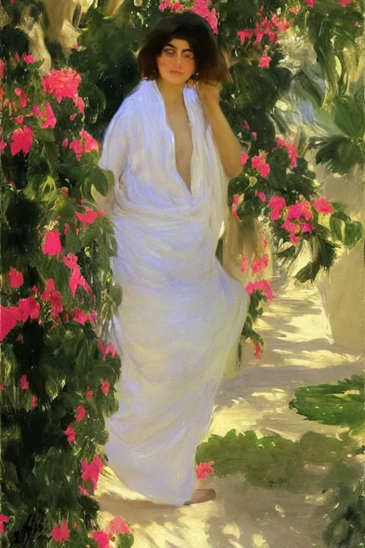 Image similar to portrait of persian girl near a lot of palm trees and bougainvillea, painting by john singer sargent