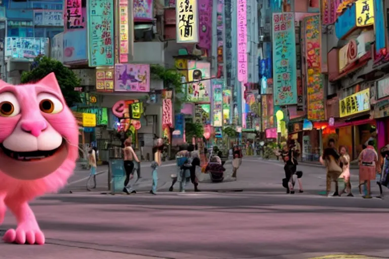 Prompt: film still from a pixar movie about a pink cat causing trouble in taipei