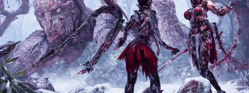 Prompt: muscular frosty warrior woman made of ice, walking in a dense alien snow covered frosty jungle, with snow covered colourful red, blue and purple plants, large vines, snow covered arched organic rock structures, in the style of monster hunter world, like concept art on artstation, hyperdetailed, vray render, octane render,