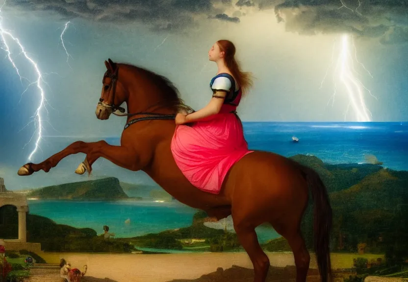 Prompt: Girl riding the horse on the palace bridge, refracted sparkles, thunderstorm, greek pool, beach and Tropical vegetation on the background major arcana sky, by paul delaroche, hyperrealistic 4k uhd, award-winning, very very very detailed