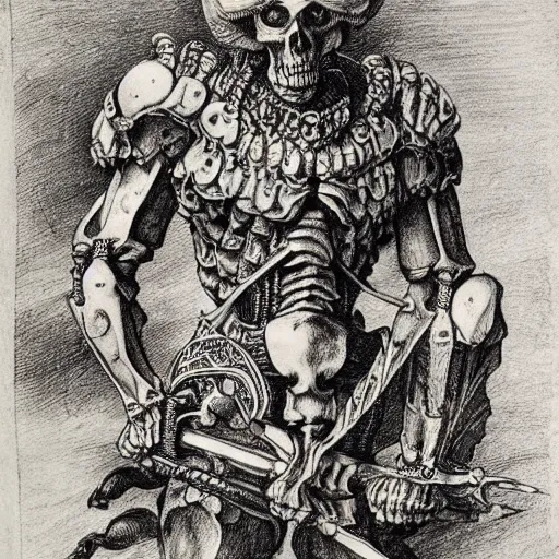 Image similar to skeleton warrior with a very ornate armor, very detailed, complex drawing, hyper detailed, renaissance, monochrome, albert durer style
