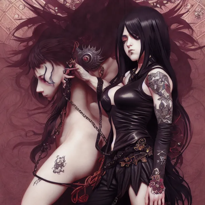 Image similar to anime female, fangs, goth, tattoos, leather, fantasy, intricate details, eerie, highly detailed, octane render, 8 k, art by artgerm and alphonse mucha and greg rutkowski