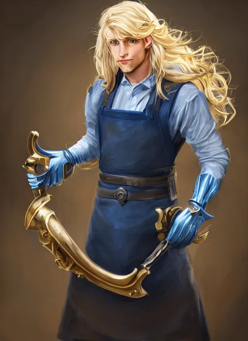 Image similar to a highly detailed illustration of long wavy bright blonde haired effeminate boy wearing blue blacksmith apron and iron mechanical arms, blue eyes, dramatic smiling pose, perfect face, symmetrical eyes, intricate, elegant, highly detailed, centered, digital painting, artstation, concept art, smooth, sharp focus, league of legends concept art, wlop