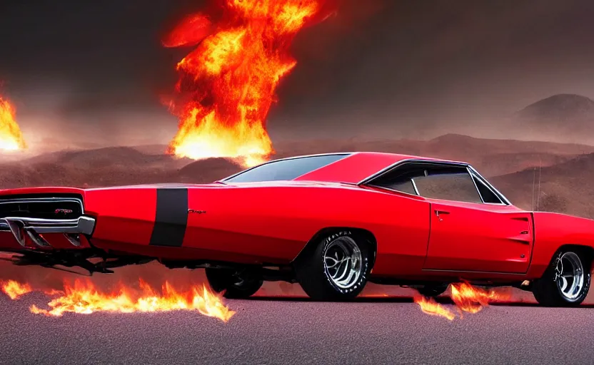 Prompt: a red 1 9 6 8 dodge charger r / tdriving high speed, fire explosion in the background, action scen. realistic. high resolution. dramatic