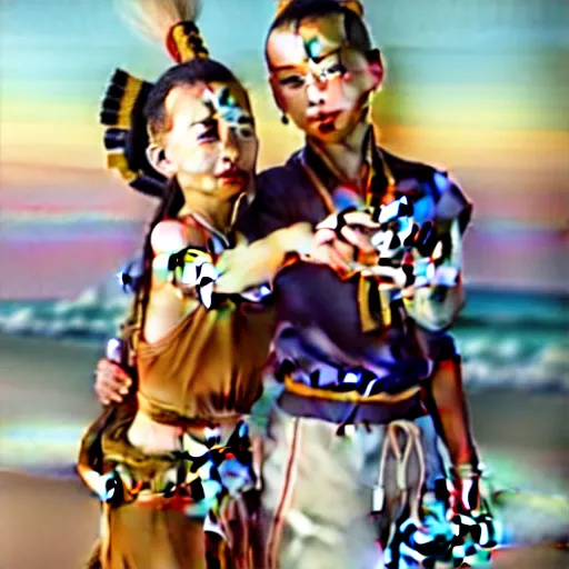 Image similar to beautiful serene intricate portrait of sokka and suki taking a selfie, smiling softly, relaxing on the beach, golden hour, soft focus, 8 k, art by irakli nadar, hyperrealism, hyperdetailed, ultra realistic