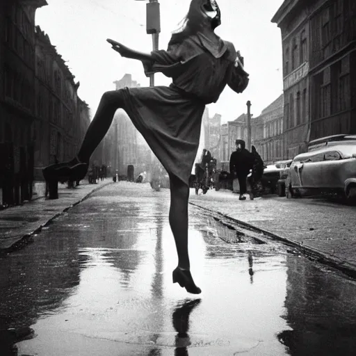 Image similar to A woman wearing a dress, long legs, leaping over a large puddle in the street, the decisive moment, photographed by Henri Cartier-Bresson on a Leica camera