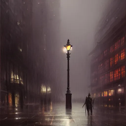 Prompt: a centerpiece statue stands in gotham city, night, wet pavement, street level view, light mist, fantasy, intricate, elegant, digital painting, trending on artstation, concept art, soft focus, illustration by greg rutkowski, edward hopper, 4 k.