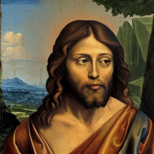 Prompt: renaissance painting of jesus christ, he's incredibly high after smoking way too much marijauna, he's wearing a tie dye grateful dead t - shirt