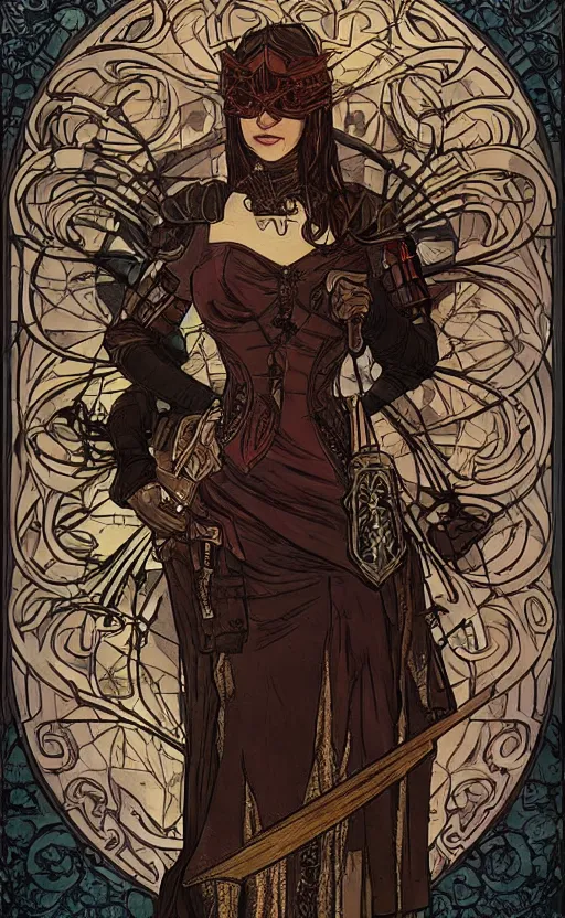 Prompt: armored woman in medieval setting fantasy style, digital art, dark and gritty style, drawn by alphonse mucha