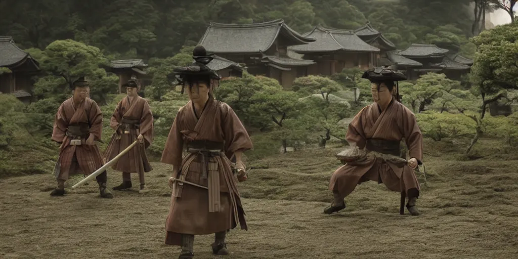 Image similar to a film still of a japanese samurai village in a japanese blockbuster film, landscape, shallow depth of field, cinematic, award winning cgi, vfx, film still