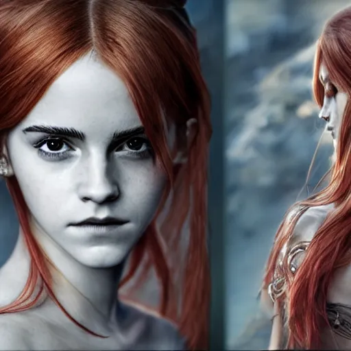 Prompt: emma watson as a long - red - haired female knight as an absurdly beautiful, elegant, young sensual anime girl,, ultrafine hyperrealistic detailed face illustration by kim jung gi, irakli nadar, intricate linework, sharp focus, bright colors, matte, final fantasy, unreal engine highly rendered, global illumination, radiant light, intricate environment