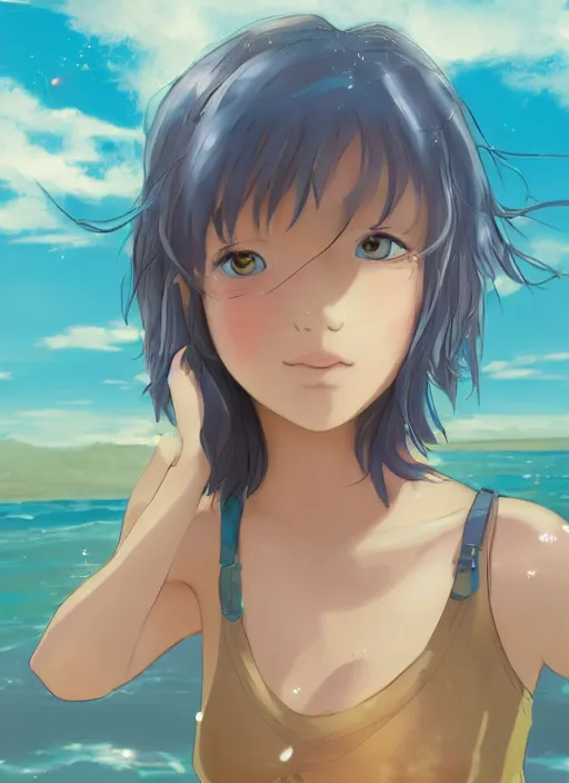 Image similar to girl at a beach, happy, beautiful, finely detailed, made by ross tran, studio ghibli, full body portrait, illustration, shinny water, shinny sand, sunny, anime, front view, perfect anime face, realistic face, zoomed out, smooth, blue eyes, high waisted shorts, sharp focus