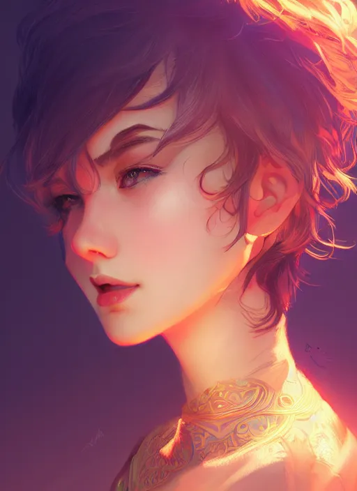 Image similar to beautiful girl short hair, cute, intricate, highly detailed, digital painting, trending on artstation, concept art, smooth, sharp focus, backlit, rim light, vivid colors, illustration, unreal engine 5, 8 k, art by rossdraws and alphonse mucha