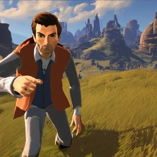 Prompt: David Tennant as Dr Who in Breath of the Wild, gameplay screenshot