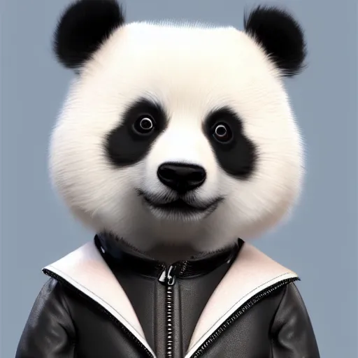 Prompt: a photorealistic image of a charismatic Pomeranian puppy style panda dressed in a stylish black leather jacket Trending on Artstation, featured on Behance, well-rendered, Unreal Engine, 4K HD