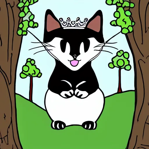 Image similar to cartoon art of a happy black and white cat wearing a crown, in a forest