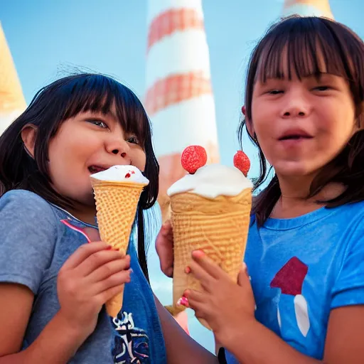 Image similar to a dslr 3 5 mm f 2 photograph of two monkeys worshiping a giant ice cream cone sent by aliens.