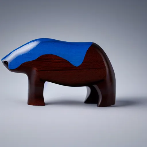 Image similar to a beautiful minimalist curvy shaped small sculpture of hippopotamus!!!, ( ( wood ) ) and ( ( blue epoxy ) ) on top mix, cubic blocks stripes cuts, side view profile centered, studio, design