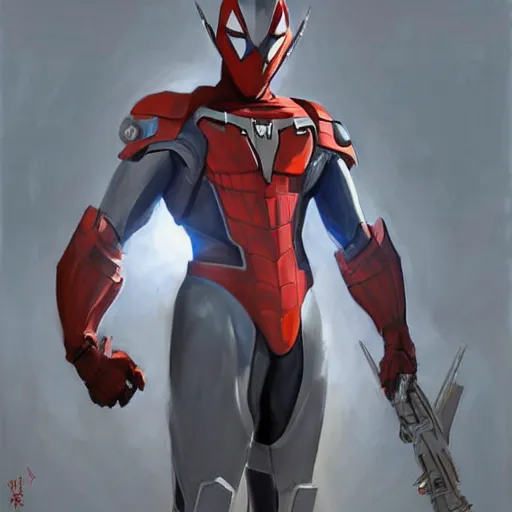 Image similar to greg manchess portrait painting of armored spiderman ultraman grey fox from metal gear cyborg gay japanese - american hybrid as overwatch character, medium shot, asymmetrical, profile picture, organic painting, sunny day, matte painting, bold shapes, hard edges, street art, trending on artstation, by huang guangjian and ail elvgren and sachin teng