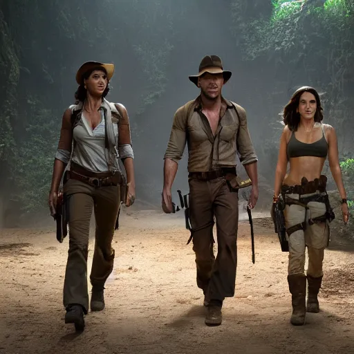 Image similar to still from the movie with Indiana Jones (played by chris pratt), Lara Croft (played by Alicia Vikander) and Nathan Drake (played by tom holland), award-winning cinematography, 4k